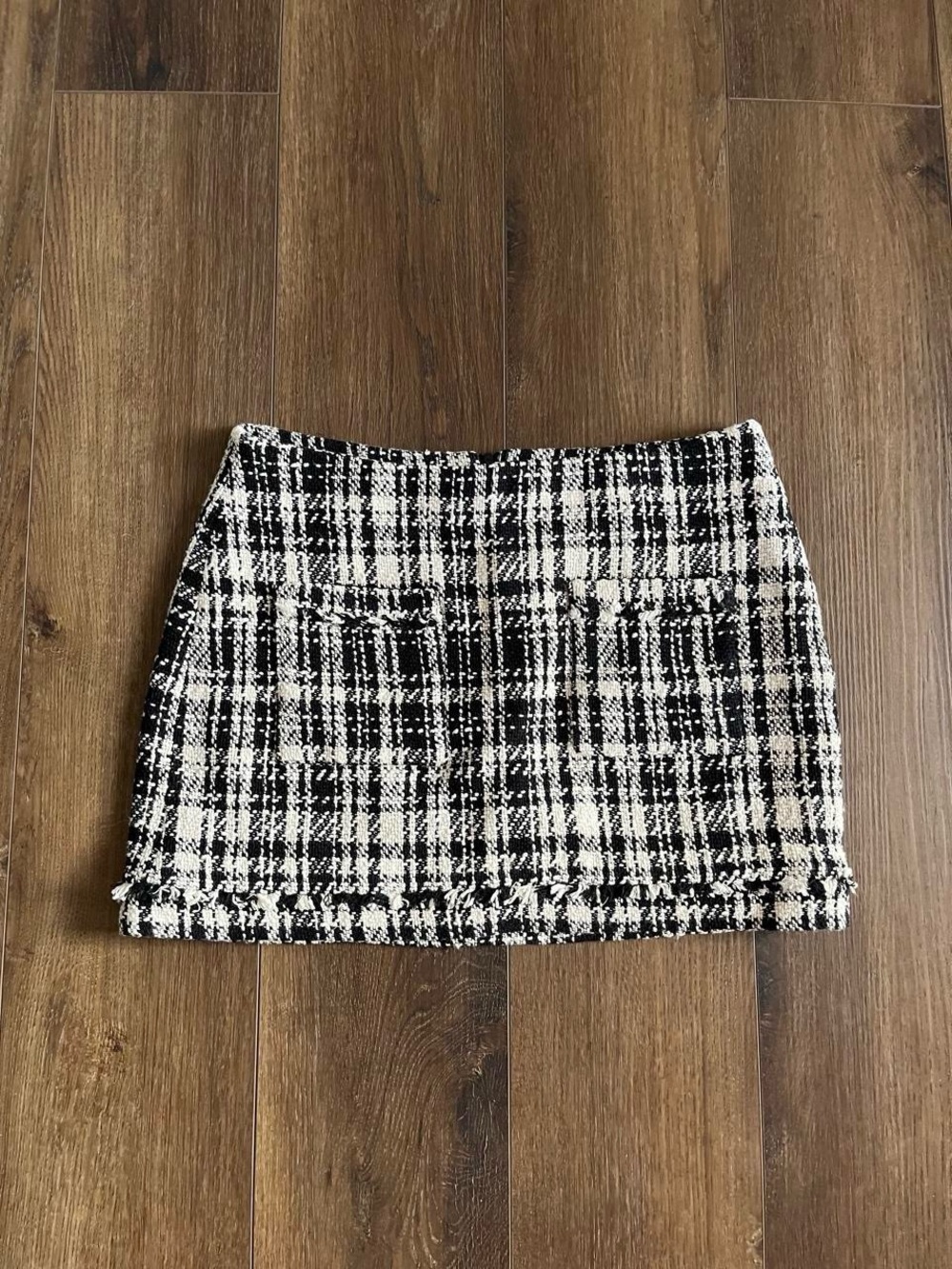 Zara Black and White Tweed Plaid Mini Skirt